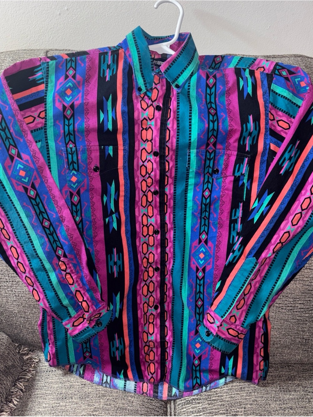 Vintage 90s Wrangler Tribal Aztec Southwestern Western Shirt Size 15 1/2 x 34